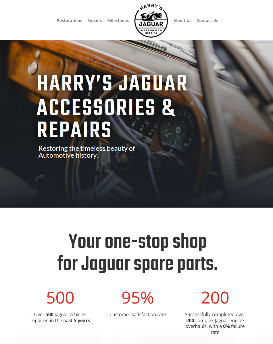 Näyttökaappaus Harry's Jaguar Accessories & Repairs verkkosivuista